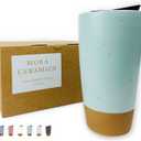 Mora Double Wall Ceramic Coffee Travel Mug with Lid, 14 oz, Portable, Microwave, Dishwasher Safe, Insulated Reusable Tall Cup, Splash Resistant Lid - To Go Tumbler for Car Cup Holder, Seafoam