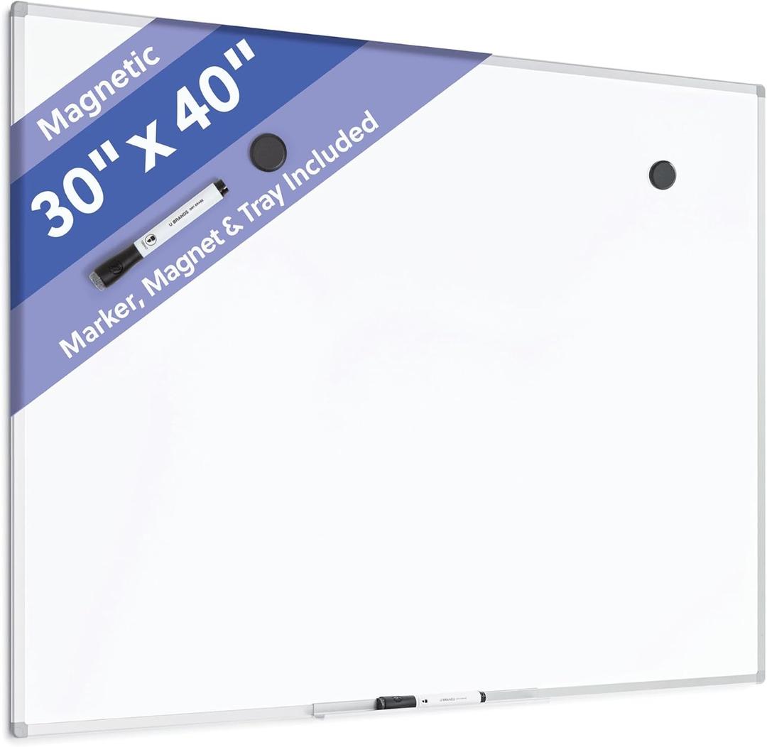 U Brands Magnetic Dry Erase Board White Board, 40" x 30", Slim Aluminum Frame, Includes Dry Erase Marker, Magnet, and Clip-On Tray
