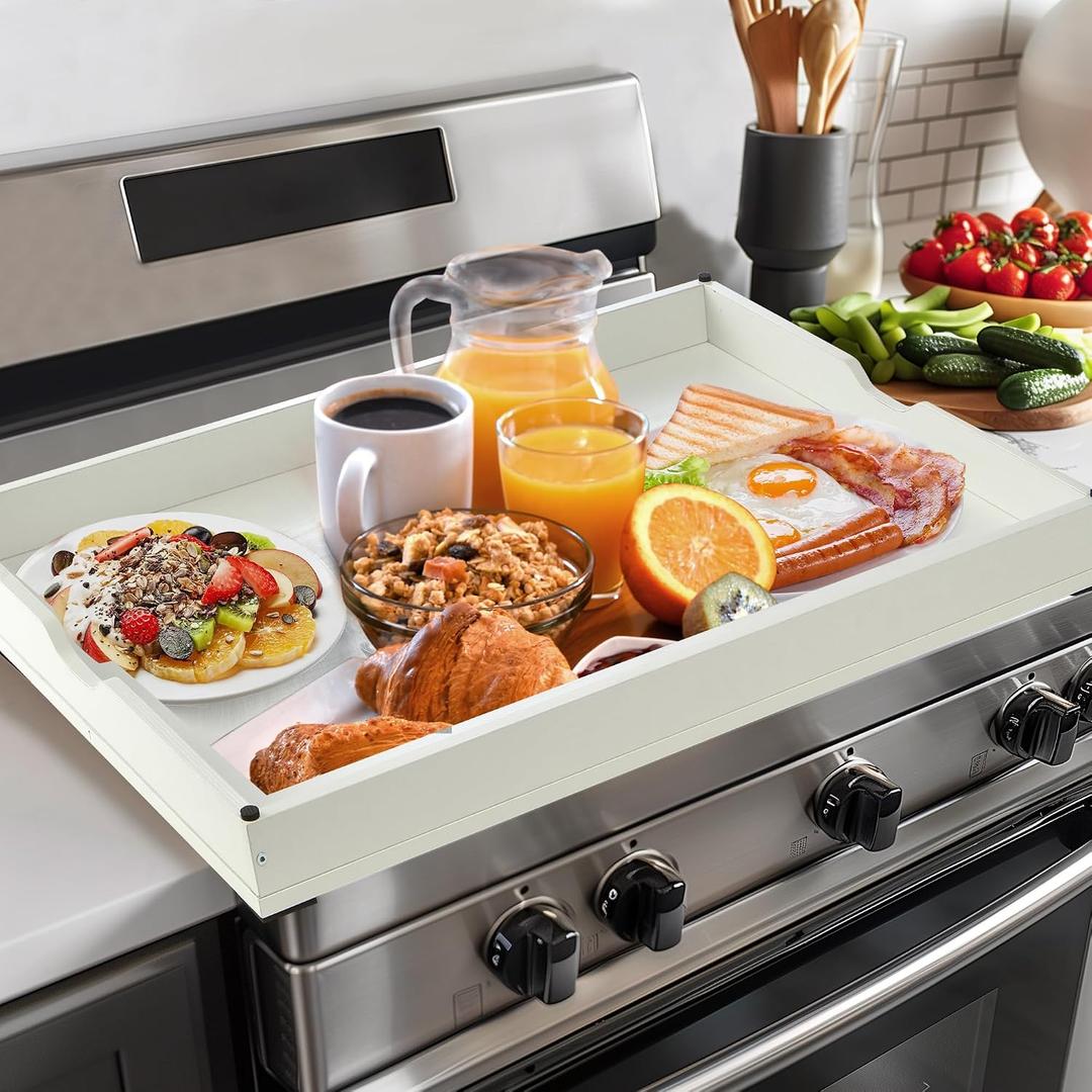 WOLKI Noodle Board Stove Covers for Gas Burners, 30"L x 22"W x 2.5"Th Heavyweight Stove Top Covers for Electric Stove, Buil-in Handles, RV Stove Cover, Sink Cover, Wooden Serving Tray (White)