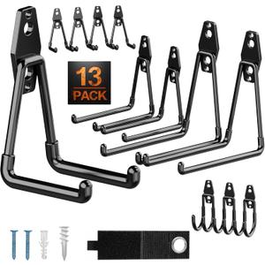 Pack 13 Garage Hooks Heavy Duty | Multi-Sized Wall-Mounted Tool Hangers with Anti-Rust PVC Coating | Heavy Duty Wall Hooks for Bikes, Ladders, Garden Tools, and More with Garage Wall Organizer