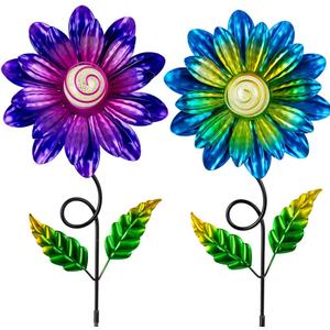 Metal Flowers for Outside, 2 Pack 25'' Flower Decorative Garden Stakes for Spring Yard Decor, Flower Yard Art for Porch Fence Landscape Pot Patio Decor (Purple & Blue)