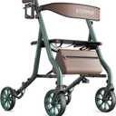 Zero Wobble Rollator Walker with Seat for Seniors, 350lb Capacity, 18" Extra Wide Seat, 8" Wheels & Dual Brake, One-Hand Folds to 9.6", 7-Level Handle Adjustable, Cup Holder & Cane Clip