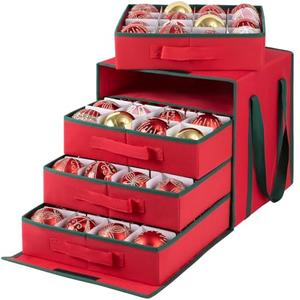 OIAHOMY Christmas Ornament Storage Box with Adjustable Dividers, Christmas Storage Container with Side Open Stores up to 64-3'' Ornaments, 4 Removable Drawer Style Trays - Red