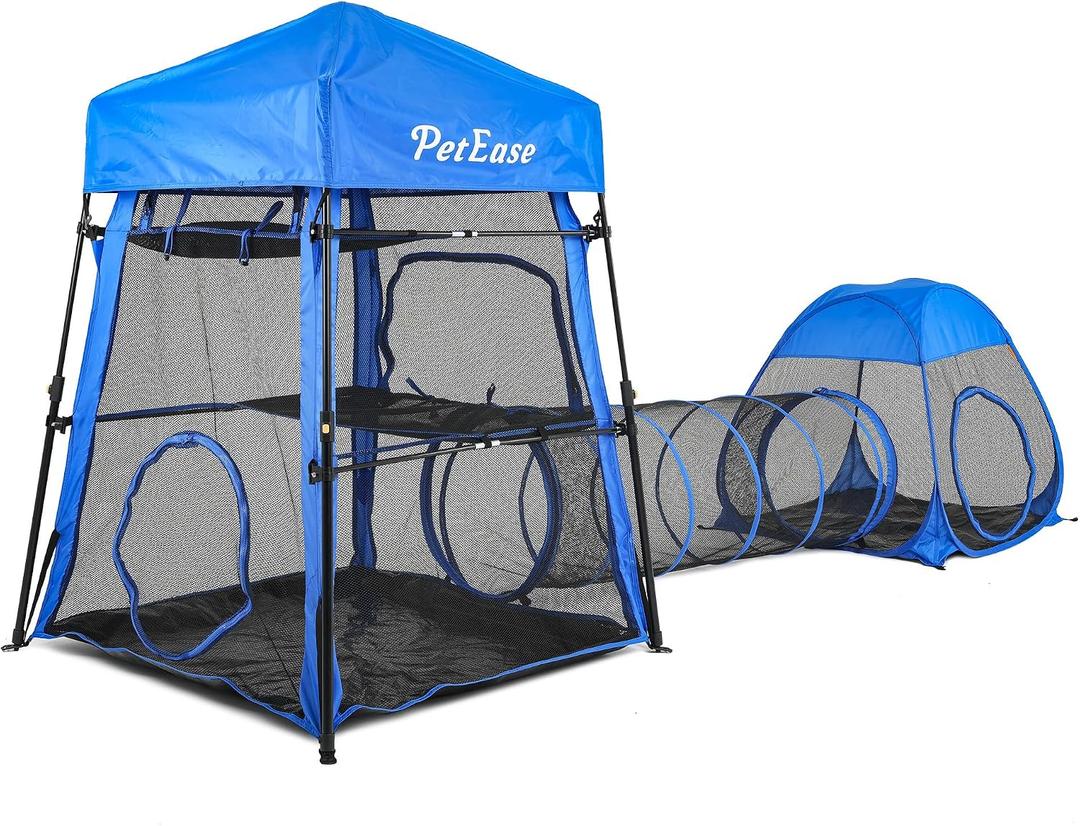 Catio Outdoor Cat Enclosure, 3-in-1 Extra Large Portable Cat Playpen with Tower Tent & Tunnel, Foldable Waterproof Mesh Catio for Indoor Outdoor Cats & Small Pets