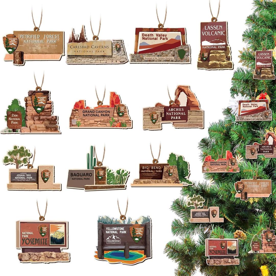 36 Pcs Christmas National Park Ornaments Wood Hanging Christmas Tree Ornaments Park Sign Holiday Ornament for Xmas Tree Shelf Table Decoration