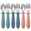 Pimoys 6 Pieces Toddler Utensils, Kids Silverware Set with Plastic Handle Stainless Steel Children Forks and Spoons, Dishwasher Safe (navy blue/green/pink)