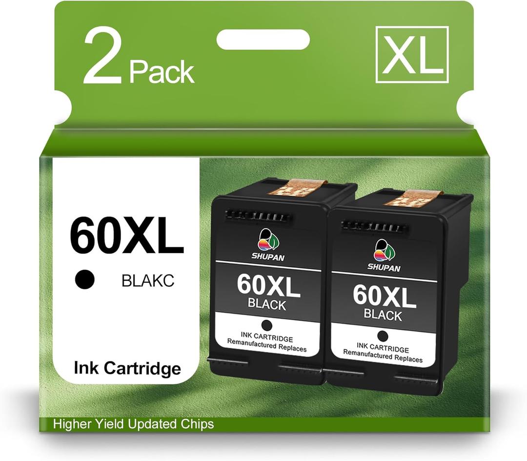 60XL Black Ink Cartridges Replacement for HP 60 60XL High Yield Combo Pack for PhotoSmart C4680 C4780 C4795 D110a DeskJet F4480 F4440 Envy 100 110 120 Printer (2 Black)