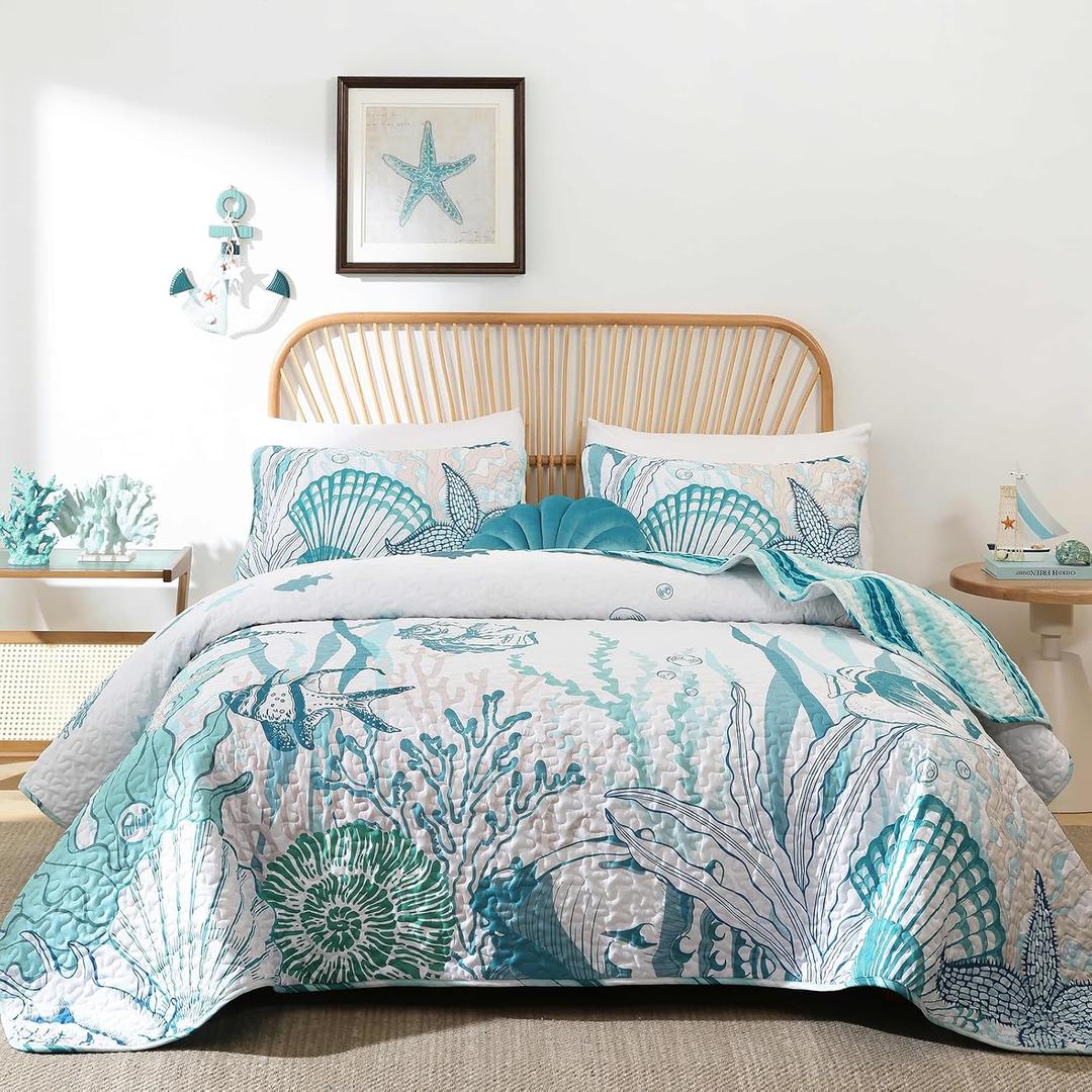 Djoymock Coastal Quilts Bedding Set Queen Size, Summer Green Fish Coral Nautical Bedding Quilt Set with Pillow Cases, Ocean Beach Reversible Bedspreads Coverlet Soft Microfiber Lightweight Comforter