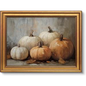 VIYYIEA Vintage Gold Framed Wall Art for Living Room, Pumpkins Canvas Prints Home Decor, Oil Painting Picture, Bedroom Wall Decor Gifts for Friends or Family -Five Pumpkins -(16L x 12W)