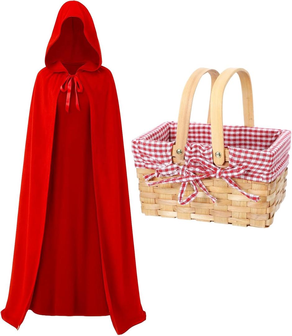 Hicarer Red Riding Hooded Cape with Picnic Basket Gingham Lining Red Cape Long Velvet Hooded Cloak with Basket for Halloween Costume Women (Small)