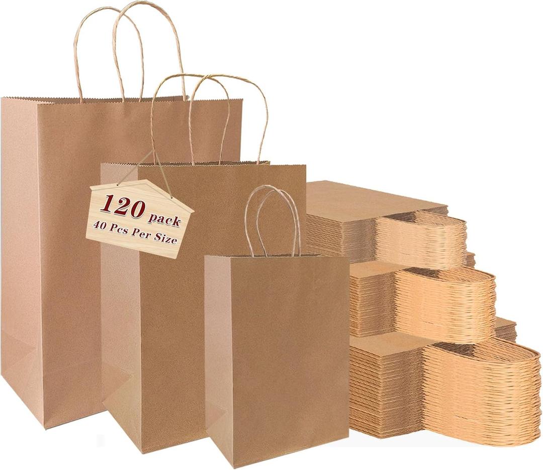 vanhel 120 pack Kraft Paper bags with Handles,Assorted Sizes Gift Bags Bulk Kraft Paper Bags, Weeding,Birthday, Favor,Party,Retail Merchandise Bags, Brown