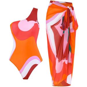 Women One-Piece Swimsuit with Cover up Sarong Wrap Skirt 2PCS Floral Bathing Suits Summer Holiday Beachwear (X-Large, Red & Orange)