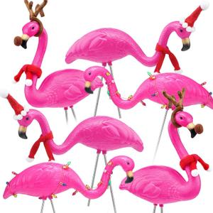 6 Pack Flamingo Christmas Decorations Yard Outside Waterproof Pink Plastic Reindeer Flamingo Stake for Christmas Lawn Garden Outdoor Sign Xmas Gifts for Women Mom