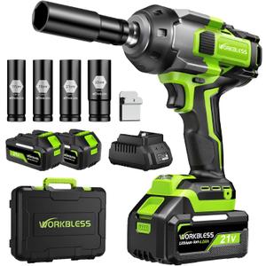Cordless Impact Wrench 1/2 Inch, Max 1500Nm (1100Ft-lbs) Brushless High Torque Power Impact Gun with 4Ah Battery & Charger for Car Tire, Construction Work, Mower Lug Nut, 4 Sockets