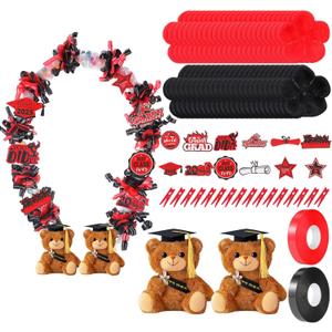 82 Pcs 2025 Graduation Candy Leis Making Kit DIY Netting Tubing Stuffed Plush Bear Ribbon Grad Glitter Card Candy Lei for Graduation Congrats Party Supplies(Black, Red)