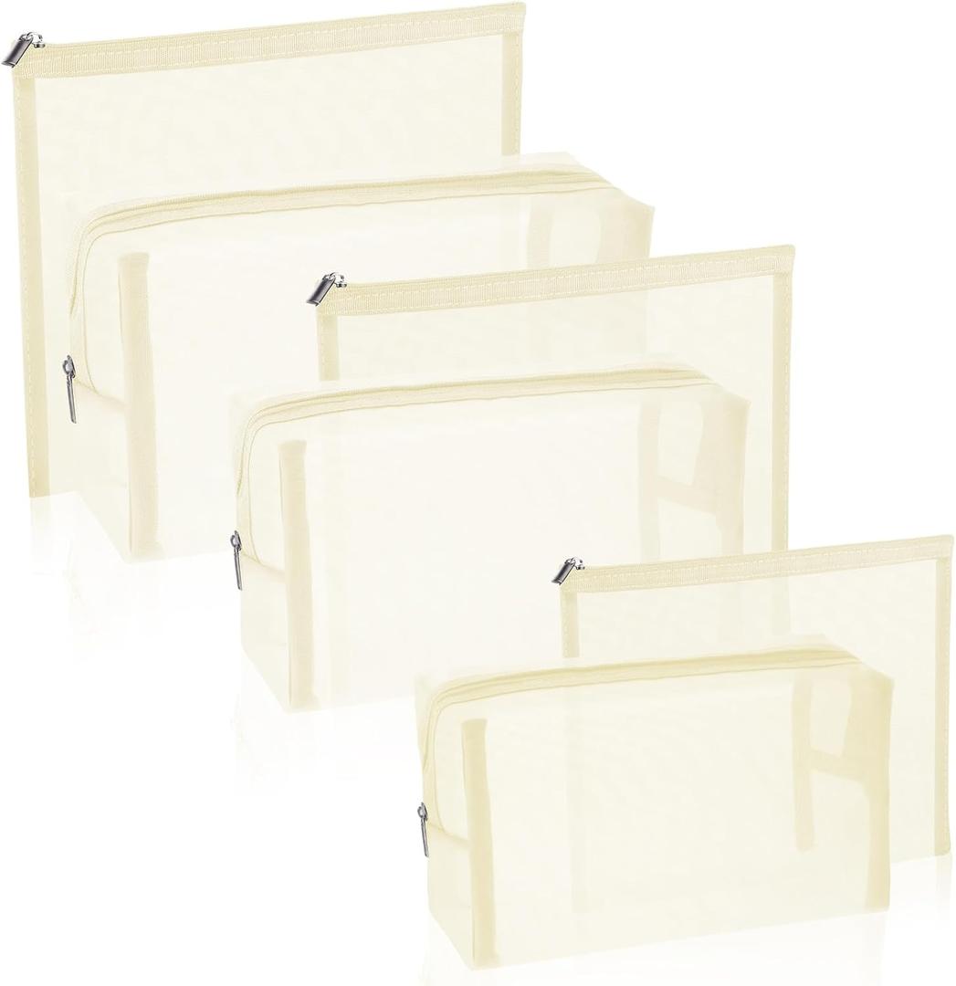 6 Pieces Mesh Makeup Bags Mesh Cosmetic Bag Portable Travel Organizing Zipper Pouch Toiletries Makeup Pouches for Home Office Travel Accessories (Beige)
