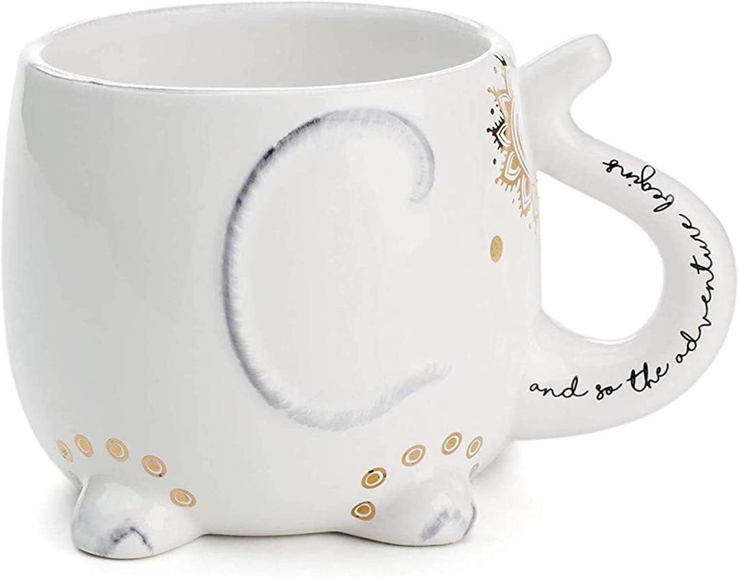 VOTUM Elephant Ceramic Coffee or Tea Mug - Animal Shaped Cup with Hand Printed Designs Saying And So the Adventure Begins - Cute Handmade Gift for Men or Women Elephant Lovers  18.6 Fluid Ounce