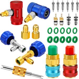 Yaocom 29 Pcs Automotive R1234YF Quick Couplers Kit, AC R1234YF Adapter and Self Sealing Can Tap Valve Core Remover R134a Adapters Coupler and Valve Core for Heating, Ventilation and Air Conditioning