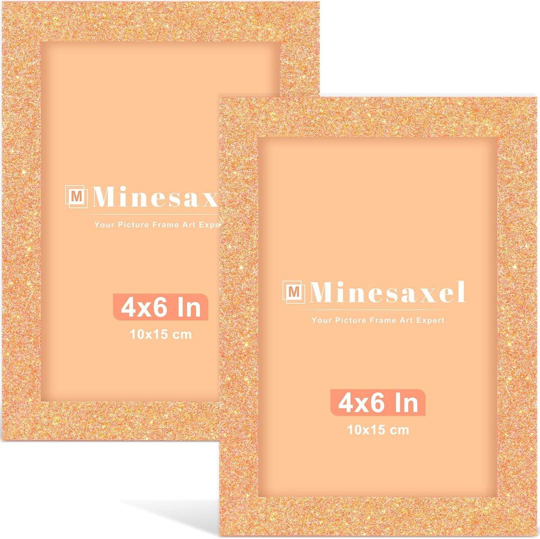 4x6 Orange Glitter Picture Frame Set of 2, Wall Gallery 4 x 6 Colorful Photo Frames, Sparkle Cute Fun Artwork Frame for Wall or Tabletop