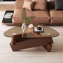 Triangle Glass Coffee Table Brown Rustic Glass Top Coffee Table Retro Modern Living Room Center Table with Solid Wood Legs, 35.5'' x 27.5'' x 15.7'' Cute & Vintage Tea Table for Small Spaces
