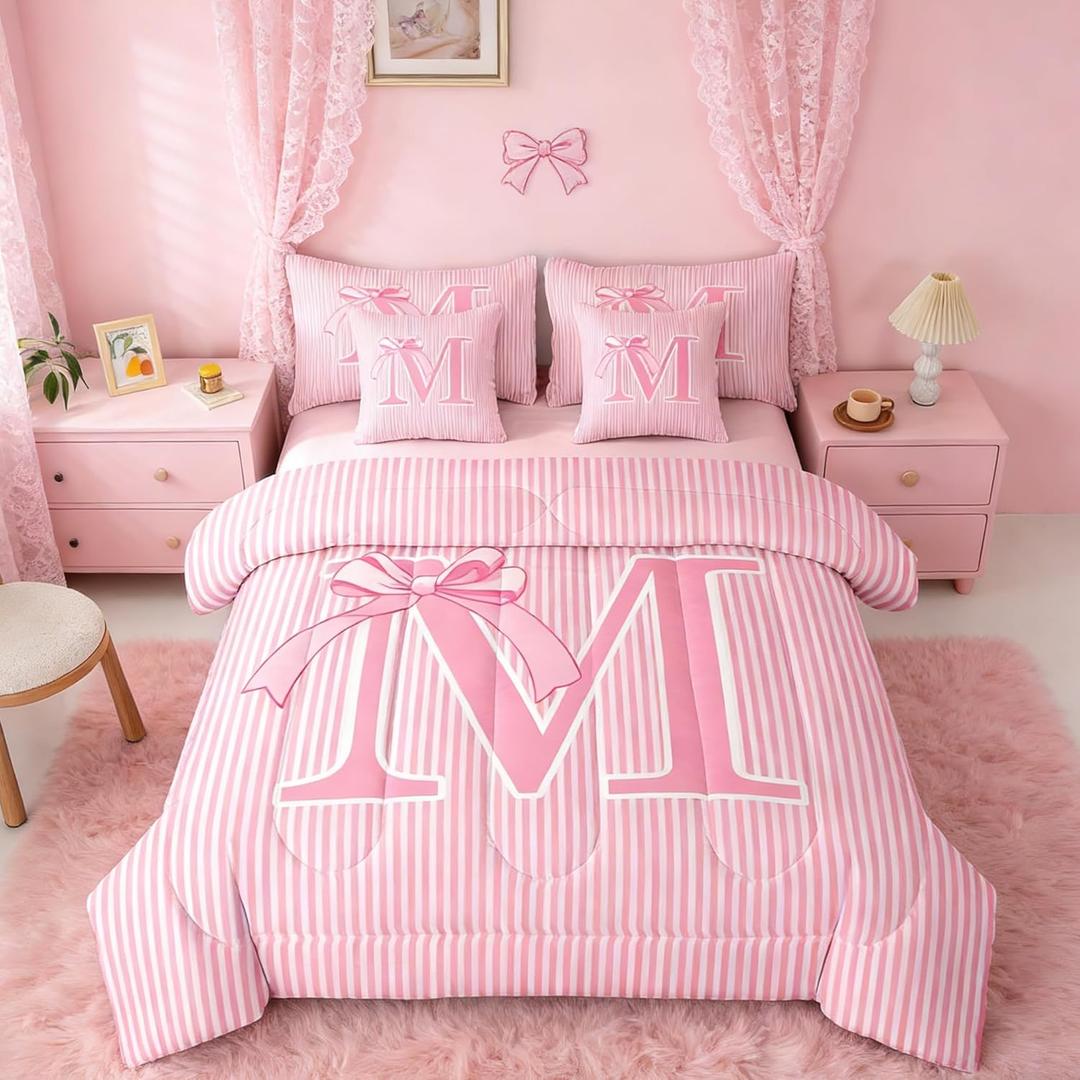 Feelyou Pink Bow Comforter Set with Sheets 7 Piece King Size Dreamy Princess Bow Bedding Set for Kids Boys Girls Personalized Letter M Bed in a Bag Room Decor Soft Microfiber