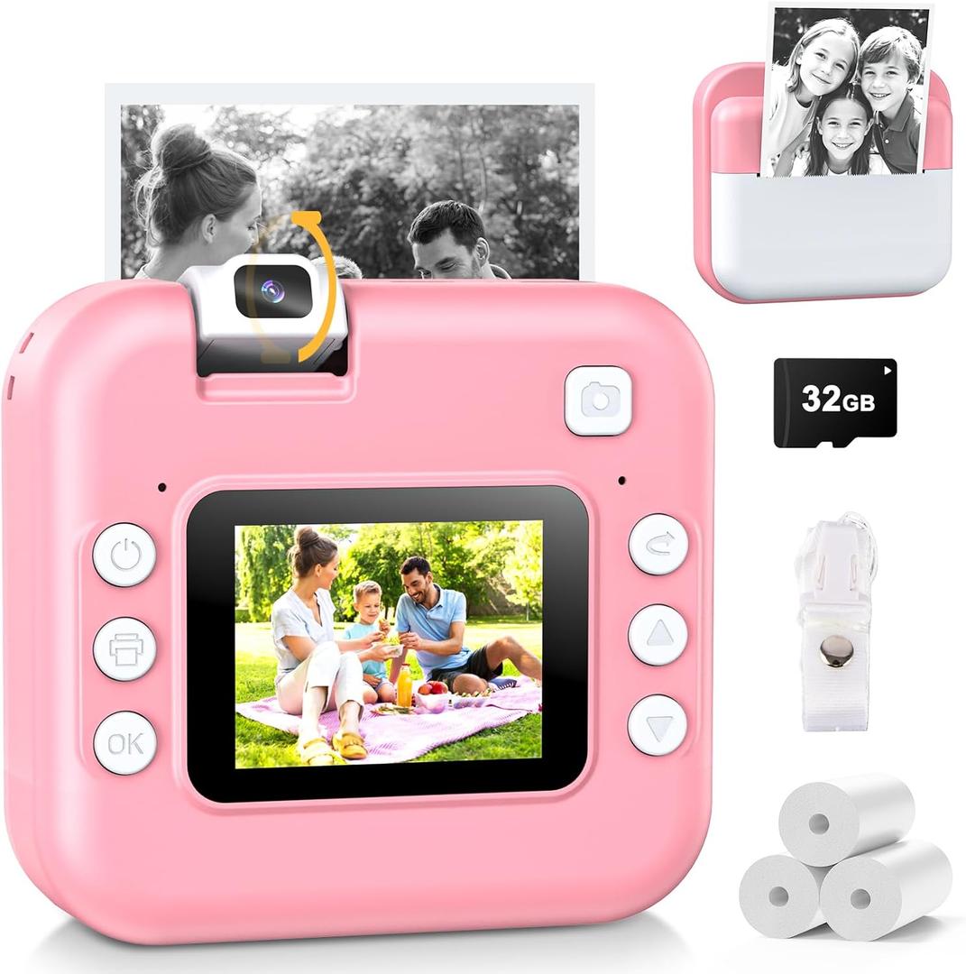 Kids Camera Instant Print with Flip Lens, Christmas Birthday Gift for Girls Boys, Digital Camera HD Video Instant Print Photos for Toddlers, Portable Travel Toys for 4 5 6 7 8 9 10 Year Old Pink