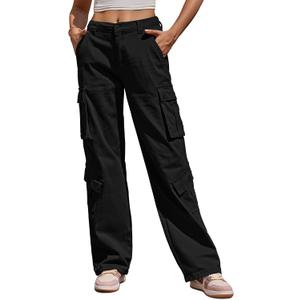ZMPSIISA Women Pants High Waisted Cargo Pants Combat Military Wide Leg Casual Trousers 8 Pockets(Black, Large)