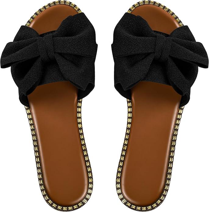 Women's Bow Knot Slides Open Toe Flat Sandals Summer Slip On Slippers 8