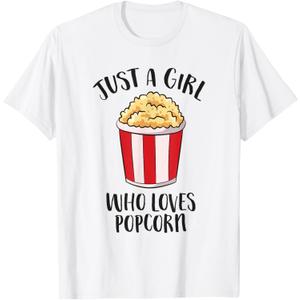 Just a Girl Who Loves Popcorn Cinema Movies Women Popcorn T-Shirt (White, L)