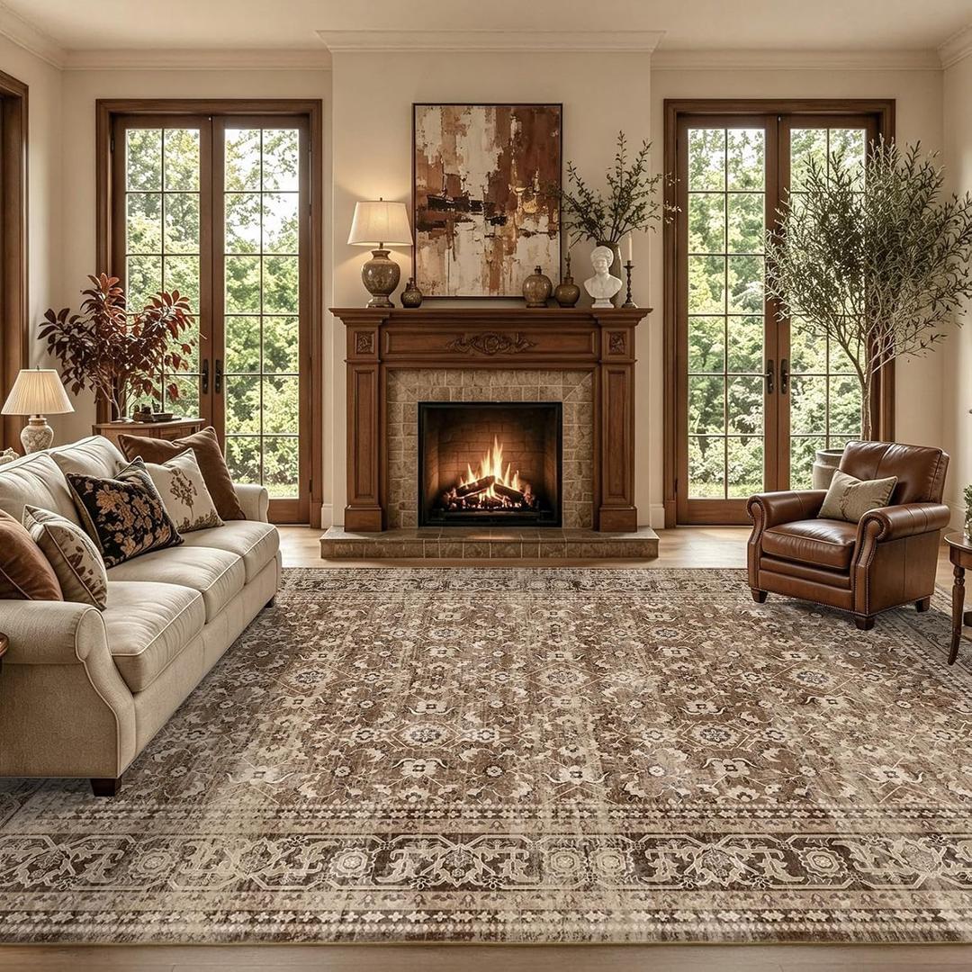 8x10 Ft Large Area Rugs for Living Room, Soft Non-Slip Machine Washable Rug, Vintage Stain Resistant Carpets for Bedroom Nursery Dining Room Home Decor (Brown)
