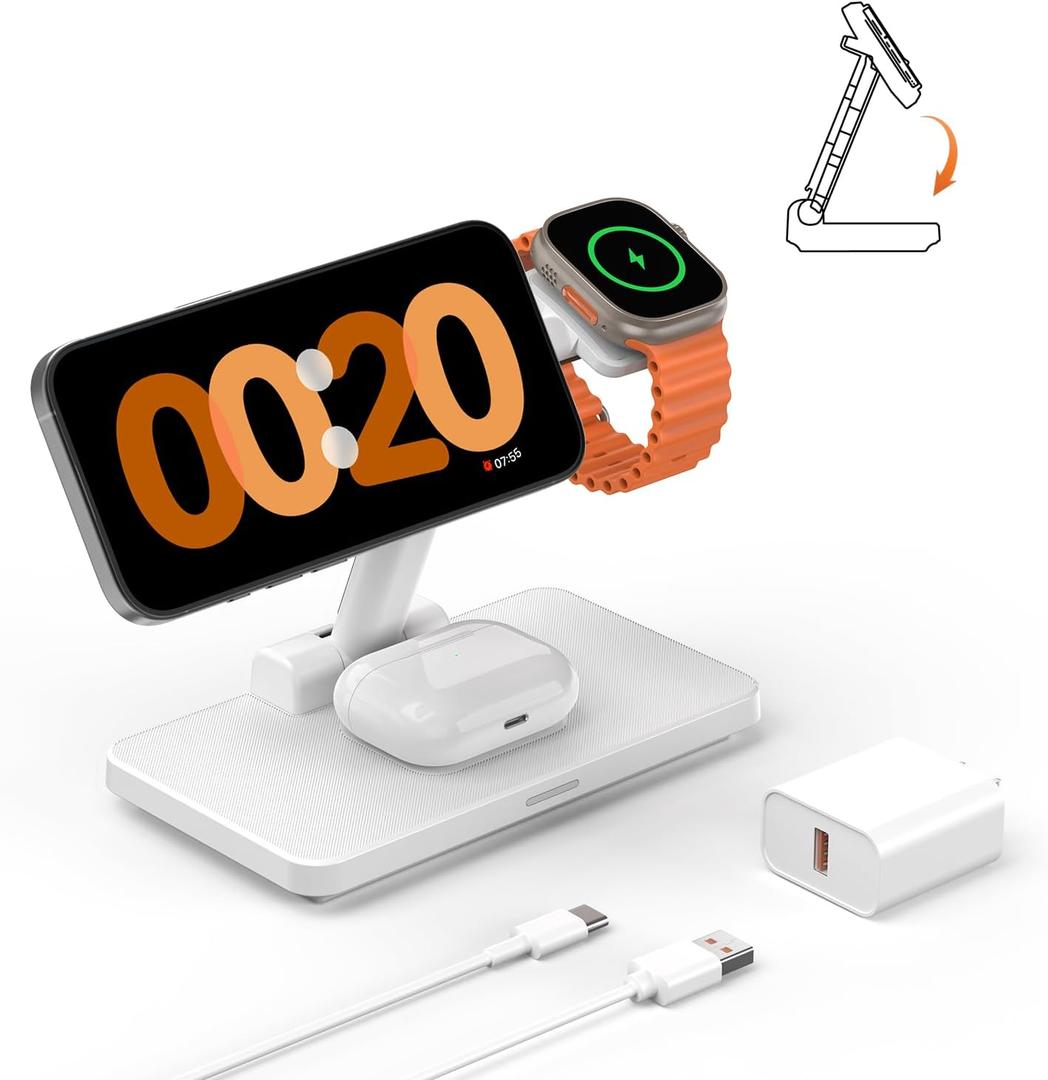 MagSafe 3 in 1 Wireless Charging Station: JoyGeek Portable Foldable Stand for iPhone 17 16 15 14 13 Pro Max Plus, Apple Watch, AirPods Pro (White)