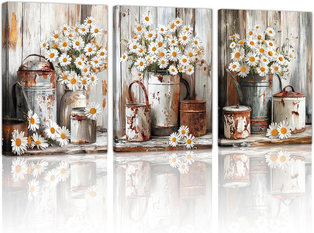 WENGTIAO 3Pcs Rustic Daisy Canvas Wall Art Fall Flower Prints Posters Vintage Country Flora Paintings Pictures Nature Botanical Artwork for Bedroom Living Room Bathroom16x24