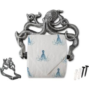 Decorative Cast Iron Octopus Toilet Paper Holder  Wall Mounted Nautical Bathroom Accessory  Kraken Design with Screws and Anchors  Silver & Black