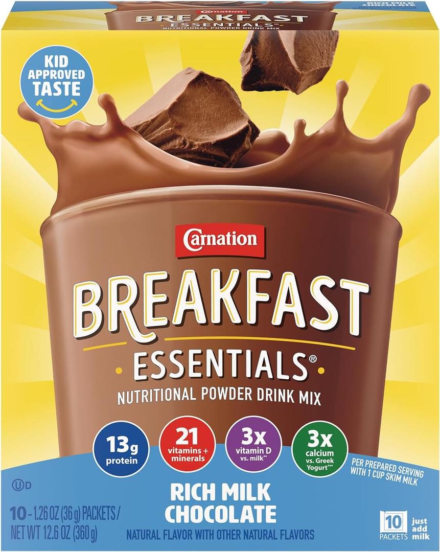 Carnation Breakfast Essentials Powder Drink Mix Rich Milk Chocolate, 10 Count Box of 1.26 Ounce Packets (Pack of 6) (EXP 05/12/27)