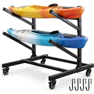 Ultrawesome 2-Tier Single-Sided Kayak Storage Rack with Wheels, Heavy Duty Freestanding Canoe Stand for 2 Kayaks, 200lbs Capacity, Adjustable Arms, Indoor Outdoor Garage Shed Dock Use