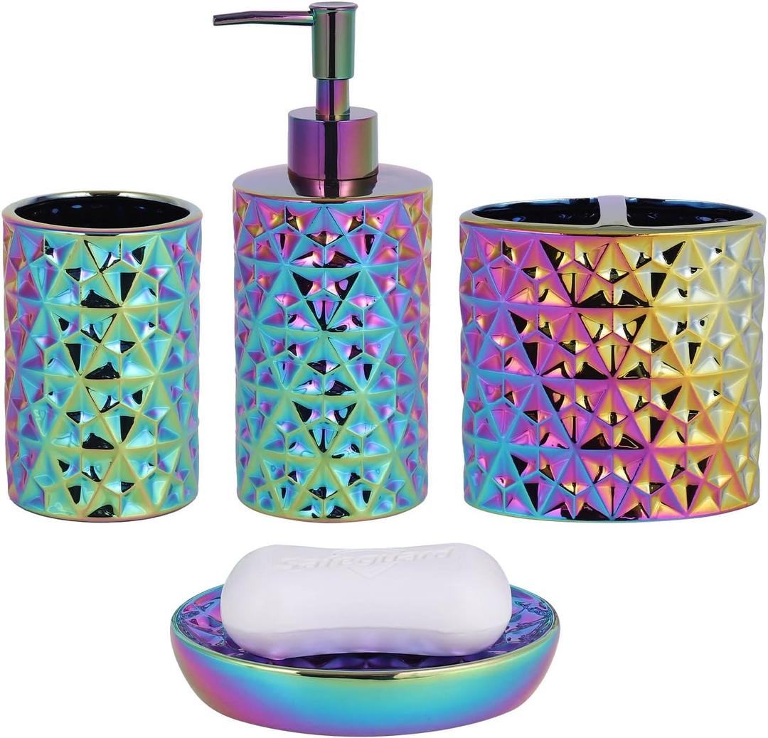 Colorful Bathroom Accessories Set 4 Pcs, Lotion Soap Dispenser, Soap Dish, Toothbrush Holder, Tumbler, Countertop Vanity Organizer for Bathroom Accessory Set