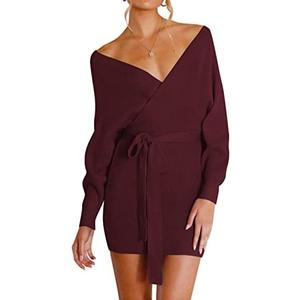 ZESICA Women's Fall Long Batwing Sleeve Wrap V Neck Knitted Backless Bodycon Pullover Sweater Dress with Belt, Size M