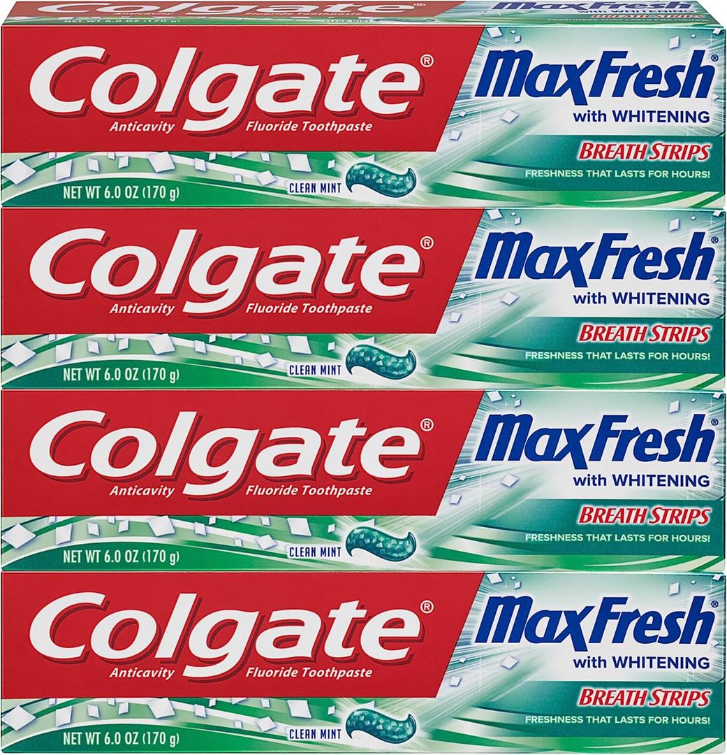 Colgate Max Fresh Whitening Toothpaste with Breath Strips, Clean Mint, 6 Ounce Tube, 4 Pack