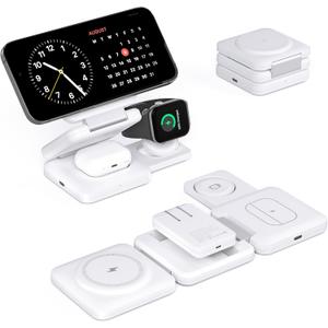 Integrated Plug 3 in 1 Wireless Charging Station Stand for iPhone 16/15/14/13/12 Series,Magnetic Foldable Travel Fast Charging Compatible with AirPods 3/2/Pro,Magnetic Charging for iWatch Series
