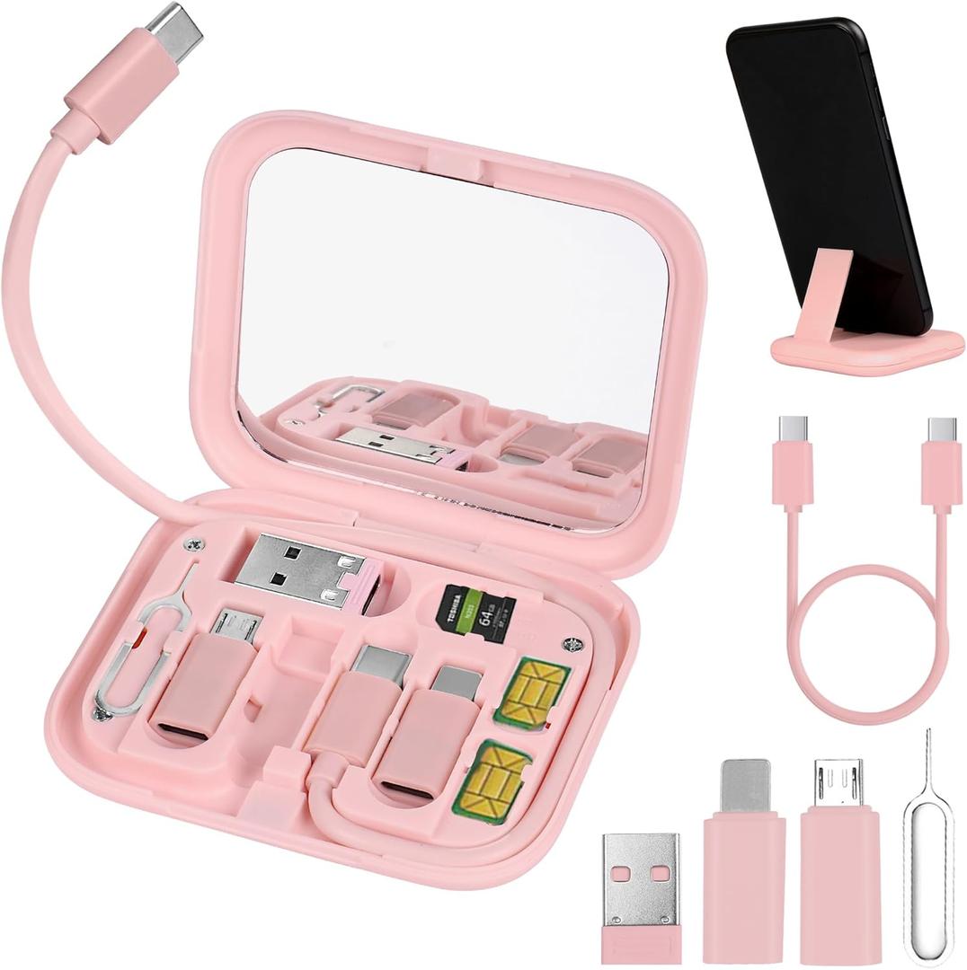 3 x evron Data Cable Organizer Box,Electronic Organizer Travel Case,SIM Card Pin,Phone Holder,for Office,Home,Desk Accessories(Pink Mirror)