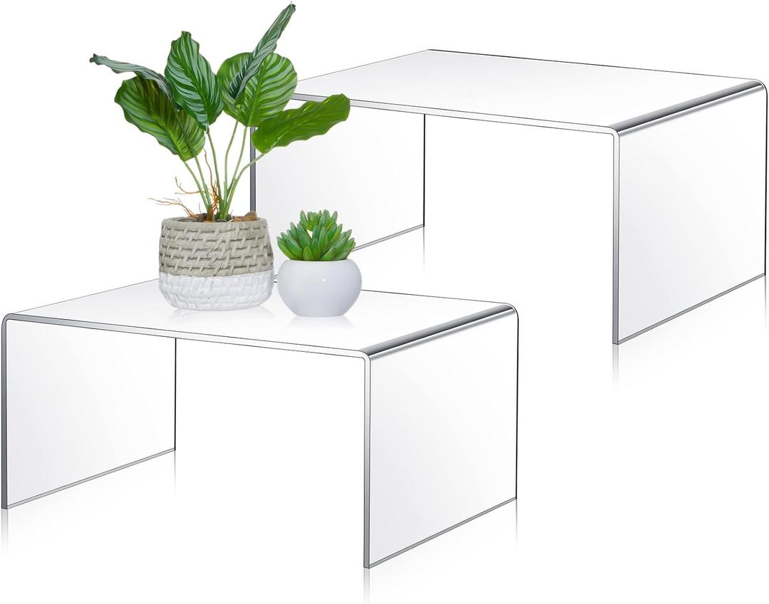 RattanView 2 Pcs 12 Inch Large Acrylic Risers Display Stands 5 mm Thick Acrylic Shelf Riser Showcase for Collectibles Jewelry Cupcakes Food Figures Perfume Cabinet(Clear)