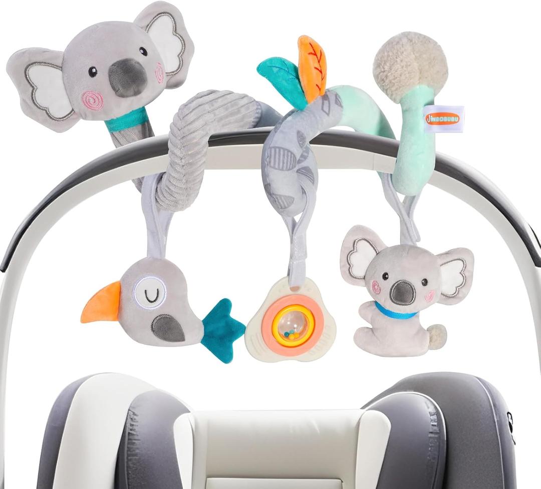 Baby Spiral Car Seat Toy, Stroller Hanging Sensory Toy for Newborn 0-12 Months, Soft Plush with Rattle Crinkle Teether, Koala Bird Activity Toy for Infant Boys Girls