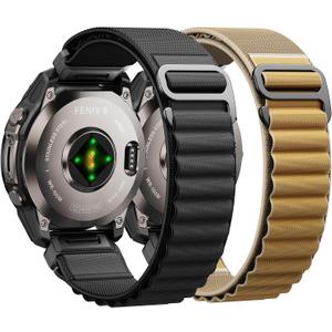 Alpine Loop Nylon Watch Band Compatible with Garmin Fenix 5X / 6X / 7X / 8 51mm, Quickfit 26mm Rugged Watch Bands for Garmin Fenix 8 Pro 51mm / 7X Pro / 6X Pro / 5X Plus, for Fenix 3, Tactix Delta (Black+Khaki)