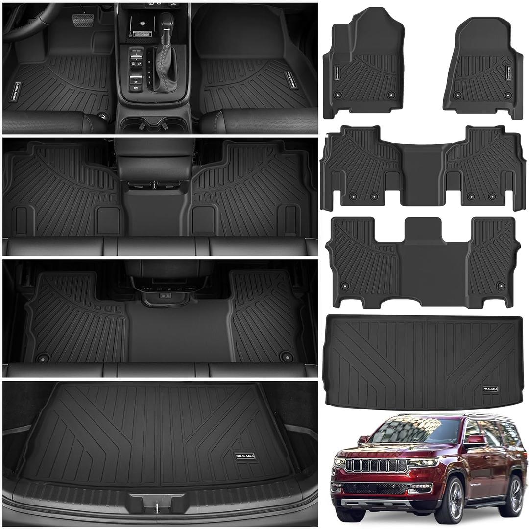 Floor Mats & Cargo Liner for 2022-2025 Jeep Wagoneer 8 Passenger Model with 2nd Row Bench Seat All Weather Protection TPE Rubber Full Set Automotive Mat Accessories, Black (Non L)