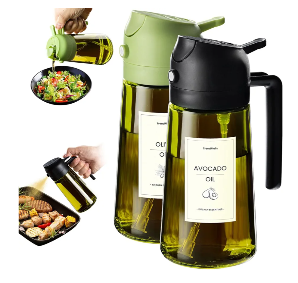 TrendPlain - Original 16oz/470ml Olive Oil Dispenser Bottle for Kitchen Gadgets and Air Fryer Accessories - Olive Oil Sprayer for Cooking w/Stickers - Black & Green
