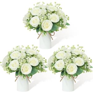 Wedding Table Dining Centerpiece Set of 3 - Small Artificial Floral Arrangements 6 Pcs Silk Rose Bouquets and 3 Pcs Metal Pot Silk Flowers in Vase for Wedding Party Home Kitchen Bathroom Dcor, Ivory