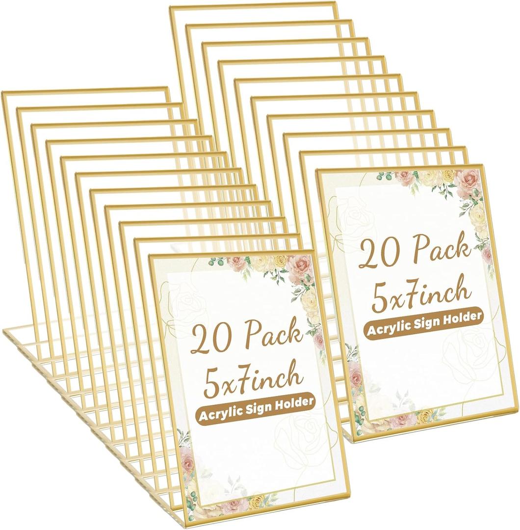 20PCS Gold Acrylic Sign Holder 5x7 Acrylic Gold Frame Double Sided Table Number Frames Slanted Back Wedding Sign Stand for Wedding Party Photos Art Display