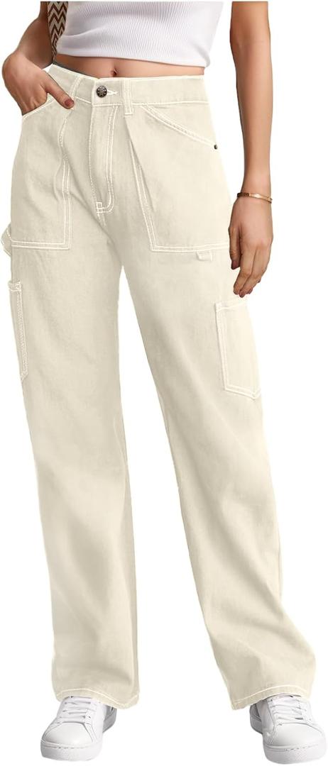 Cargo Pants Women High Waisted Wide Leg Casual Pants Baggy Stretchy Trousers Y2K Streetwear with 6 Pockets (X-Small, Beige)