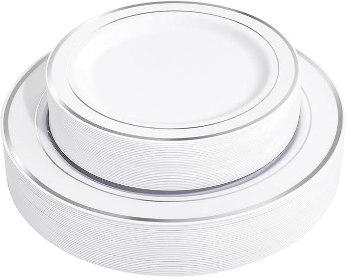 FLOWERCAT 60PCS Silver Plastic Plates - Heavy Duty White and Silver Plastic Plates Disposable - Include 30PCS 10.25inch Dinner Plates and 30PCS 7.5inch Dessert Plates for Wedding&Birthday Party