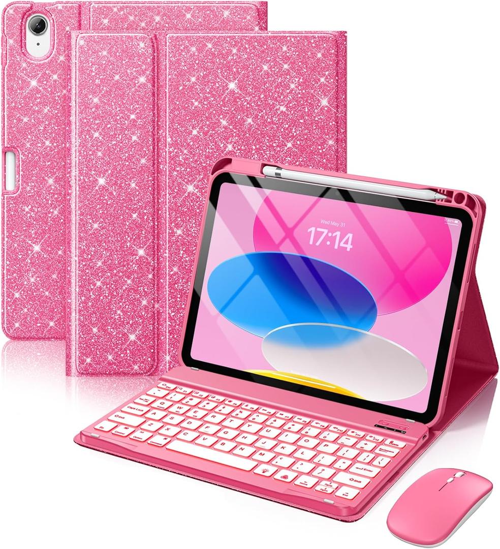 Hamile for iPad A16 Case with Keyboard - Mouse Backlit Wireless Detachable Keyboard Glitter Folio Cover with Pencil Holder for iPad 11th Gen A16 11-inch 2025 10th Generation 10.9 Inch 2022 - Pink